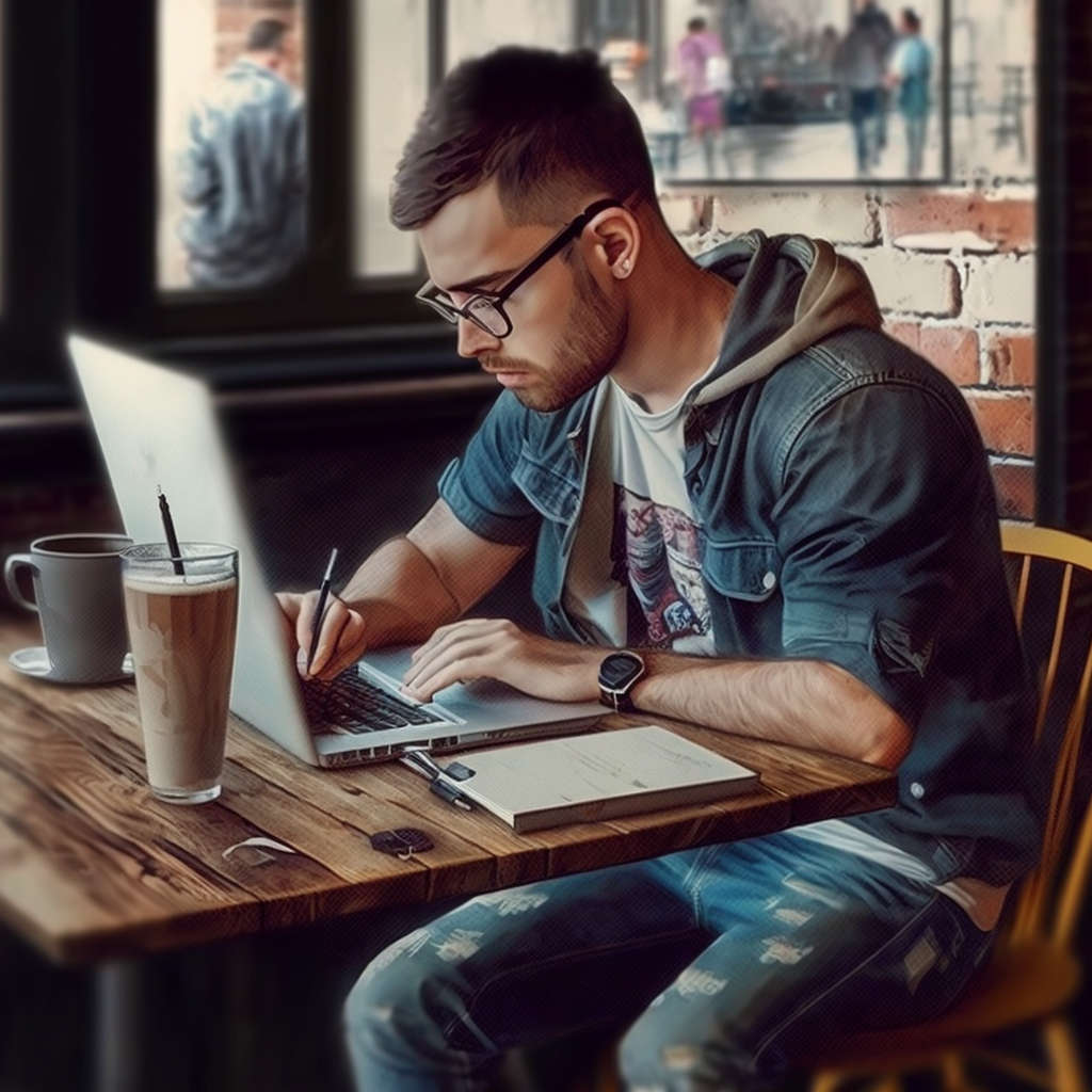 man sitting in a coffee shop working on a laptop
